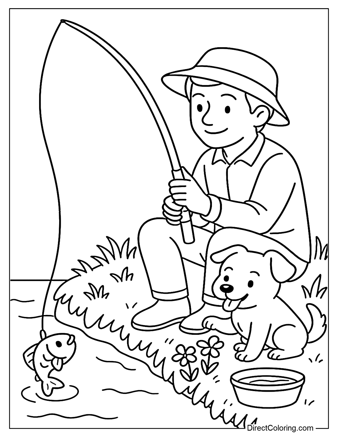 An adult fishing coloring page with a pet dog, the dog plays with fish next to it.